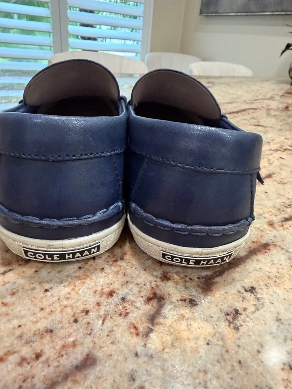 Cole Haan Navy Leather Slip-On Penny Loafers with White Sole